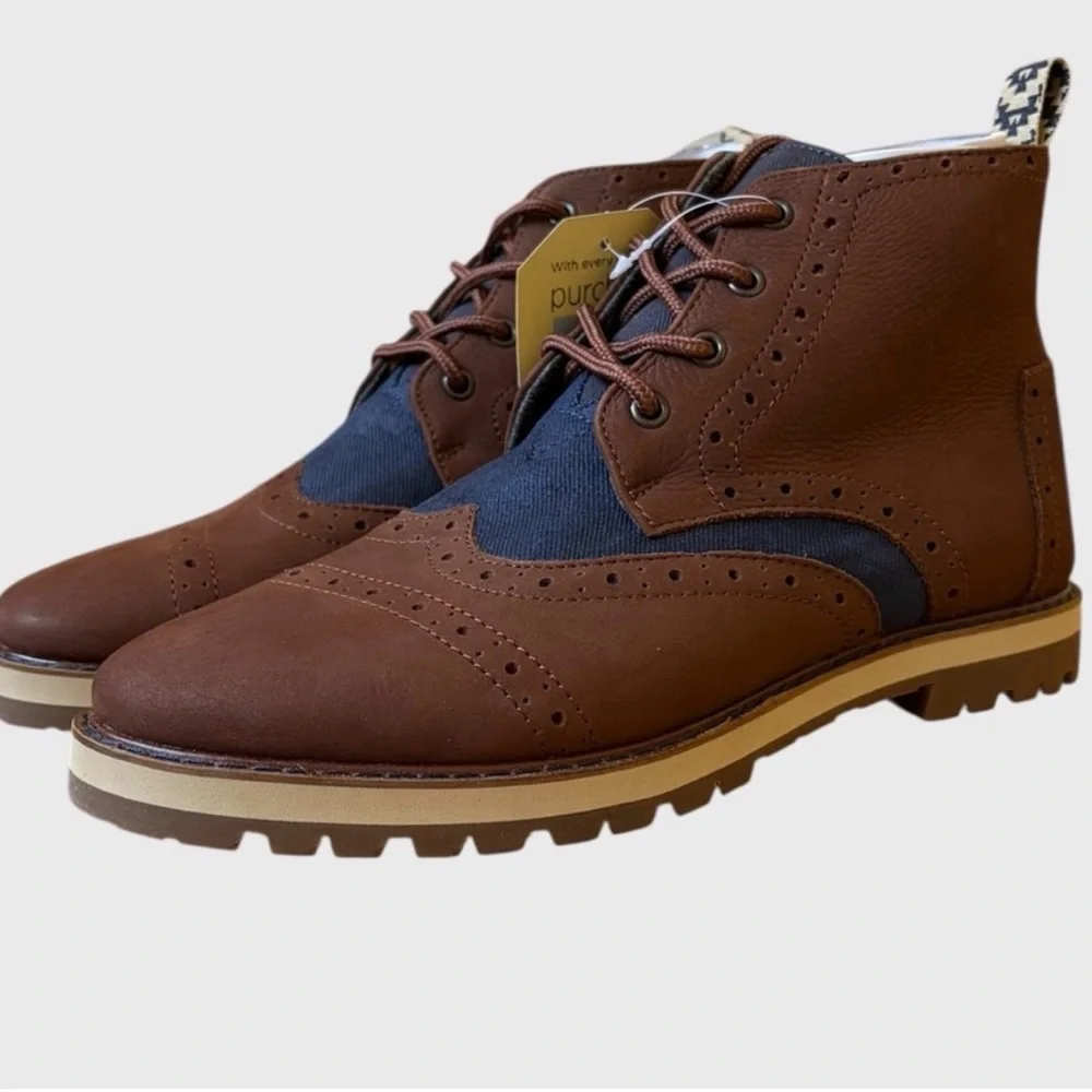 Tom’s Men's Hombres Brogue Leather Chestnut Brown Blue Preppy Boots